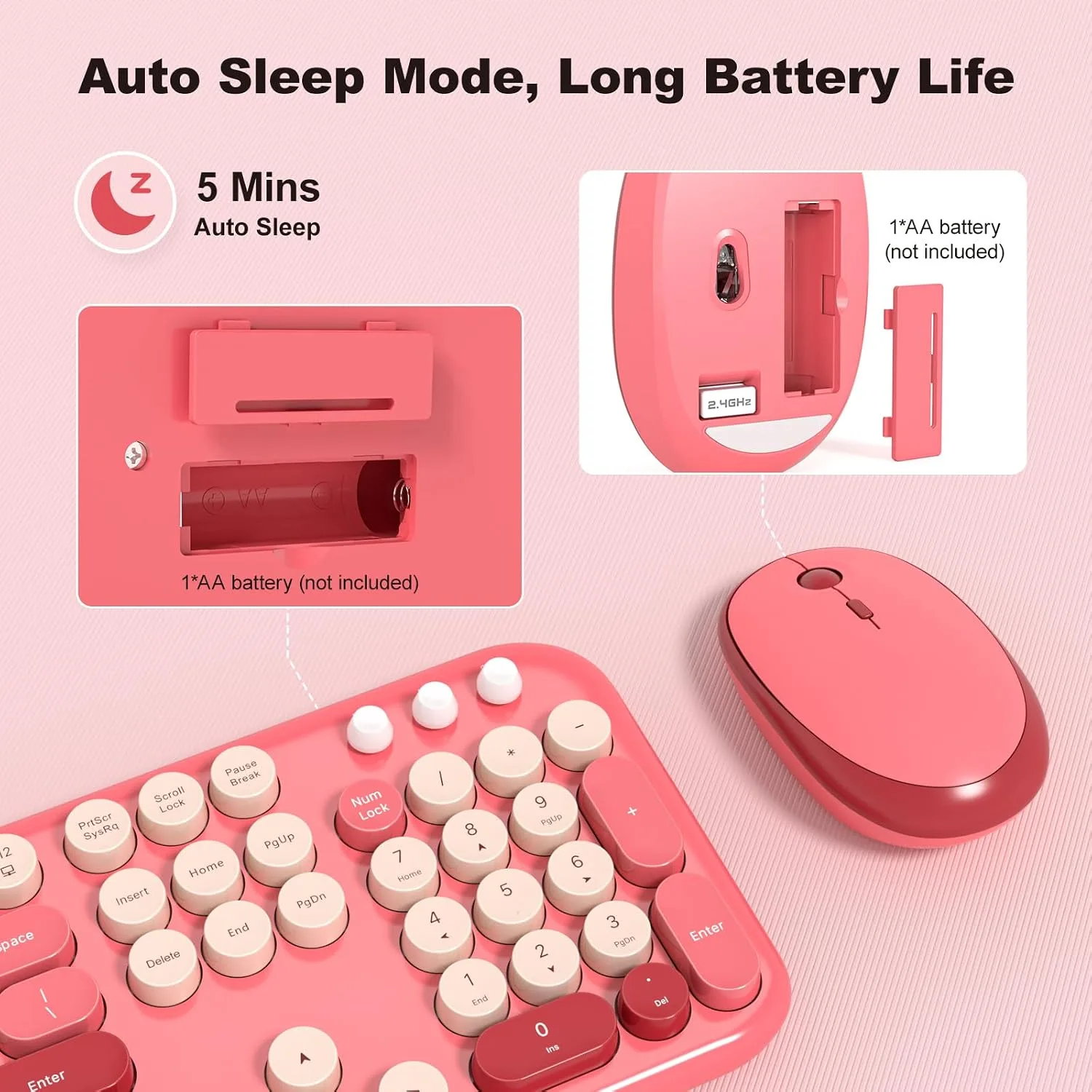 MOFII Wireless Keyboard and Mouse Combo, Full-Size Retro Typewriter-Style Wireless Keyboard with Optical Mouse for Computer/Laptop/Windows/Mac (Rose Red)