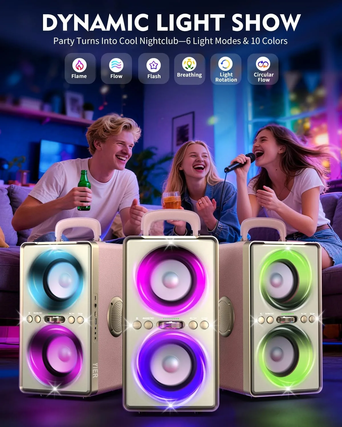 YIER Bluetooth Speaker, 240W Peak Loud Party Speaker with Deep Bass, Pink