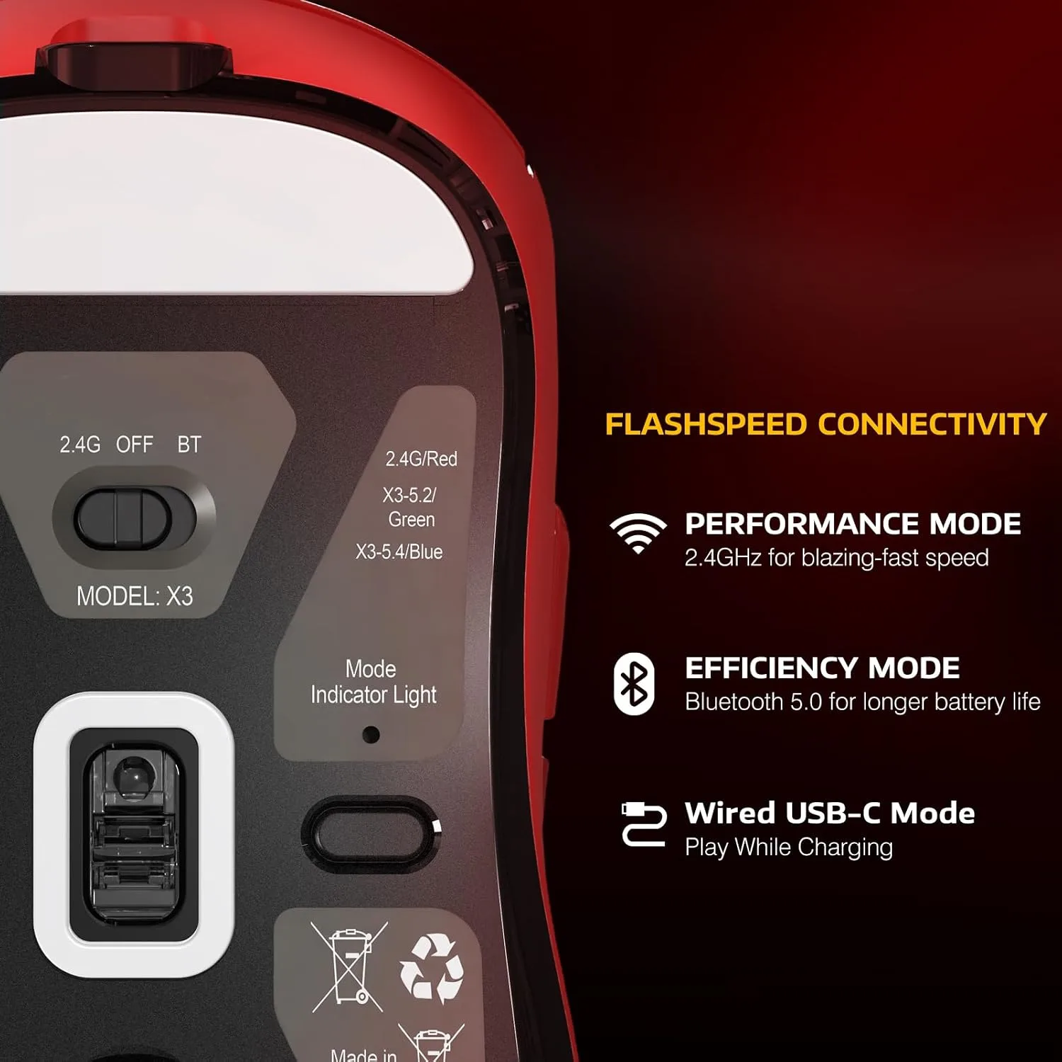 MANBASNAKE Attack Shark X3 49g Ultra-Lightweight Wireless Gaming Mouse, Red
