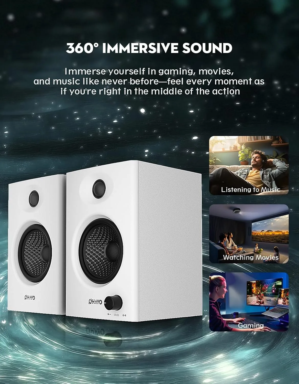 OHAYO 60W Computer Speakers, Bluetooth 5.3, Stereo 2.0, 1 Pair, White