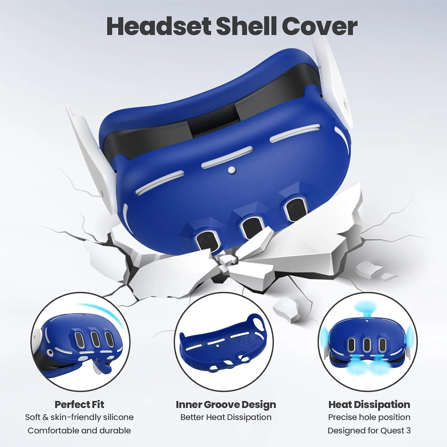 Silicone Cover Set Compatible with Meta/Oculus Quest 3, VR Silicone Face Cover, VR Shell Cover,Touch Controller Grip Cover,Camera Lens Protector Set (Blue)