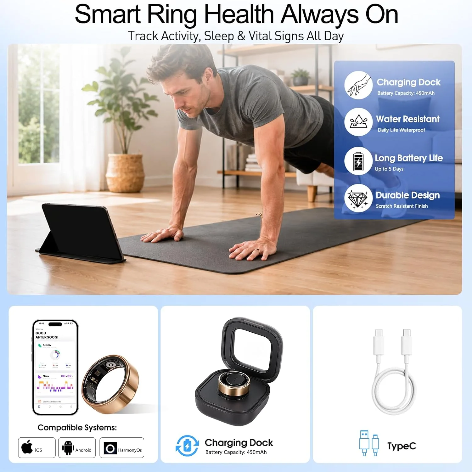 Smart Ring Health Tracker for Women & Men,Fitness Ring (Rose Gold,8#)