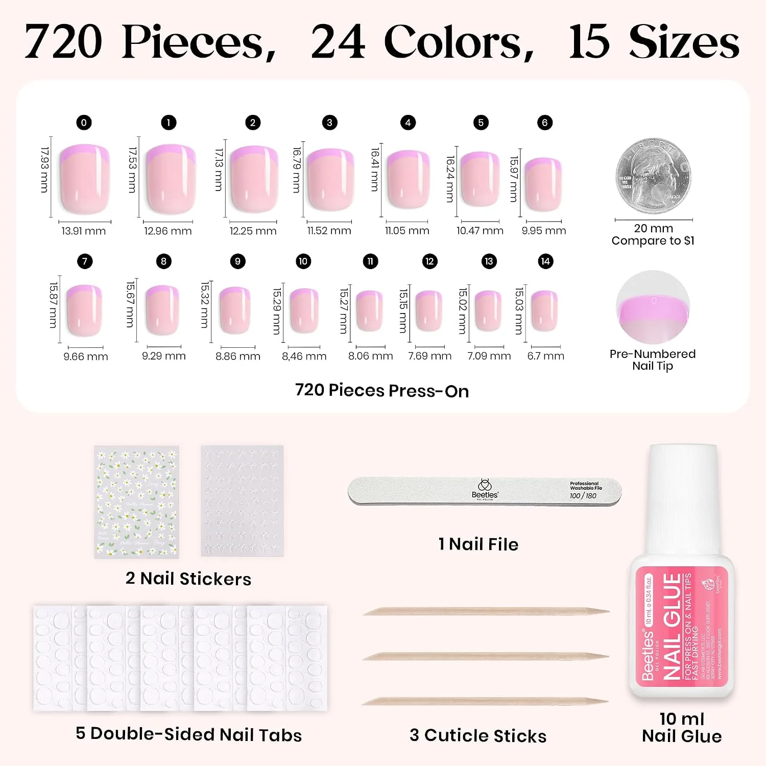 Beetles Press On Nails Kit - Candy Mix, 720Pcs 24 Colors Short Square