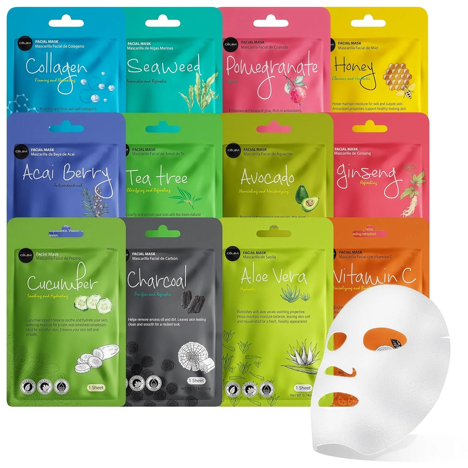Celavi Korean Face Mask Sheet Set, Facial Spa Masks for Women, 12 Pack