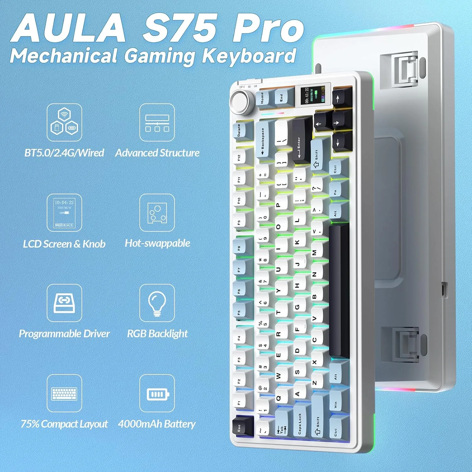 AULA S75 PRO Wireless Mechanical Gaming Keyboard with Screen&Knob, 80 Keys