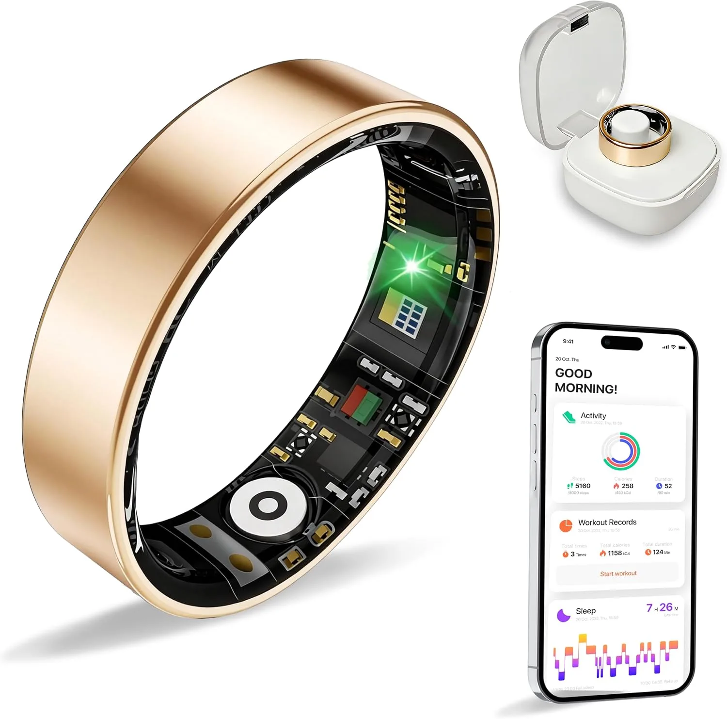 Smart Ring Health Tracker for Women Men, Sleep Exercise Health Monitoring Wearable Ring, Real‑Time Tracking, iOS/Android Compatible, IP68 Waterproof, No Subscription, 5‑Day Battery (Rose Gold, 7)