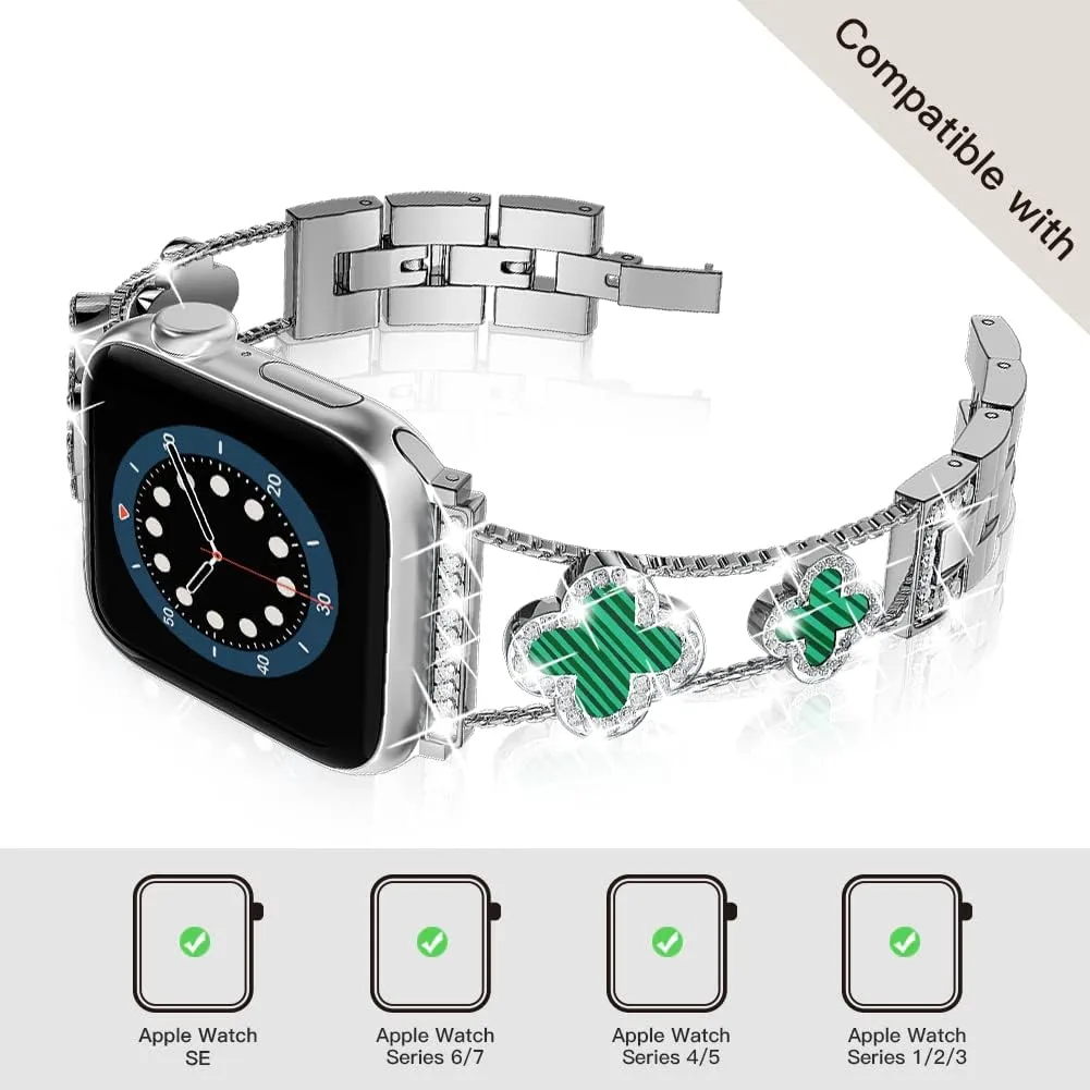 Musk-MSKR Diamond Metal Bands Add Sparkle to Your Watch For Apple Watch Series 12/11/10/9/8/7/6/5/4/3/2/SE/Ultra Clover Simple and Stylish Compatible with 38mm40mm41mm42mm44mm45mm 46mm49mm Women's Wear