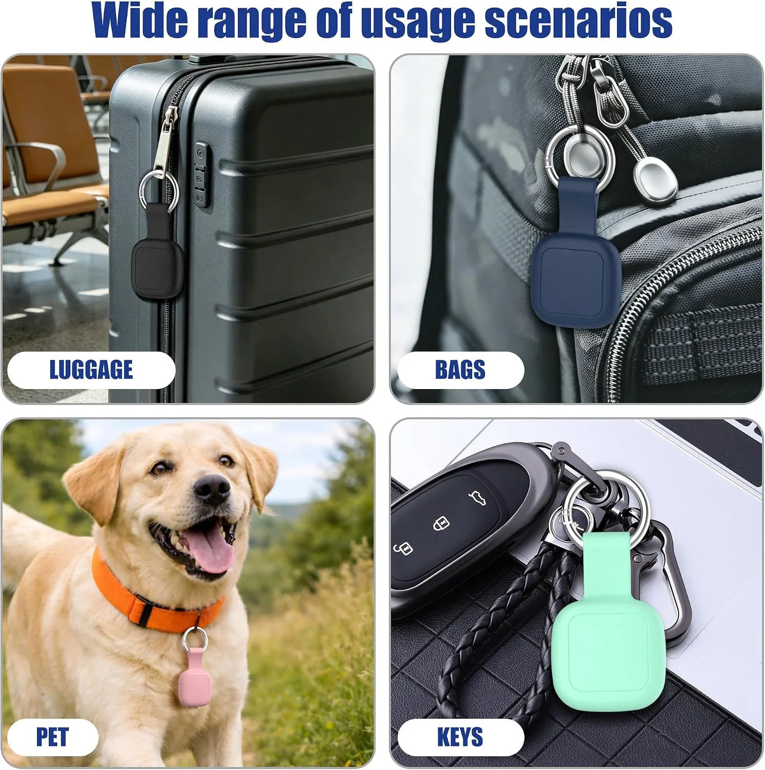 DDJ Waterproof Silicone Case for UGREEN Tracker Tags (iOS Only), 4-Pack with Key Ring, Shockproof & Non-Slip, Full-Coverage Design, Scratch Resistant, for Pets, Keys, Bags, Black/Pink/Mint/Navy
