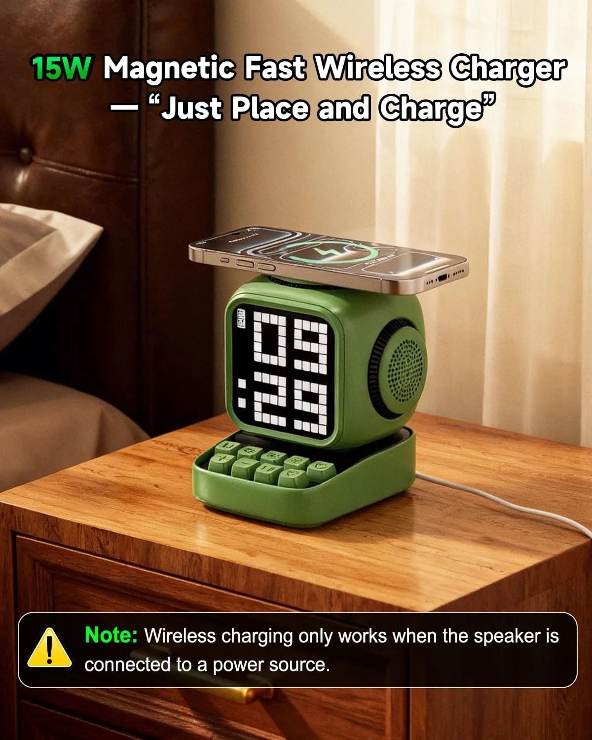 Retro Robot 5-in-1 Bluetooth Speaker: 15W Wireless Charger, Pixel LED Screen, 10W Stereo Sound & 15 White Noise, Alarm Clock, Cute Portable Wireless Speaker for Bedroom Desk Office, Birthday Gifts