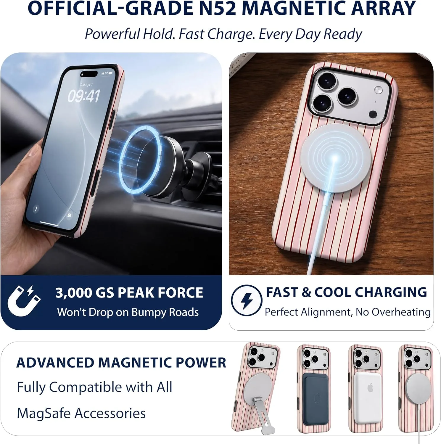 Magnetic for iPhone 17 Pro Max/18 Pro Max Phone Case, Pink & White Striped