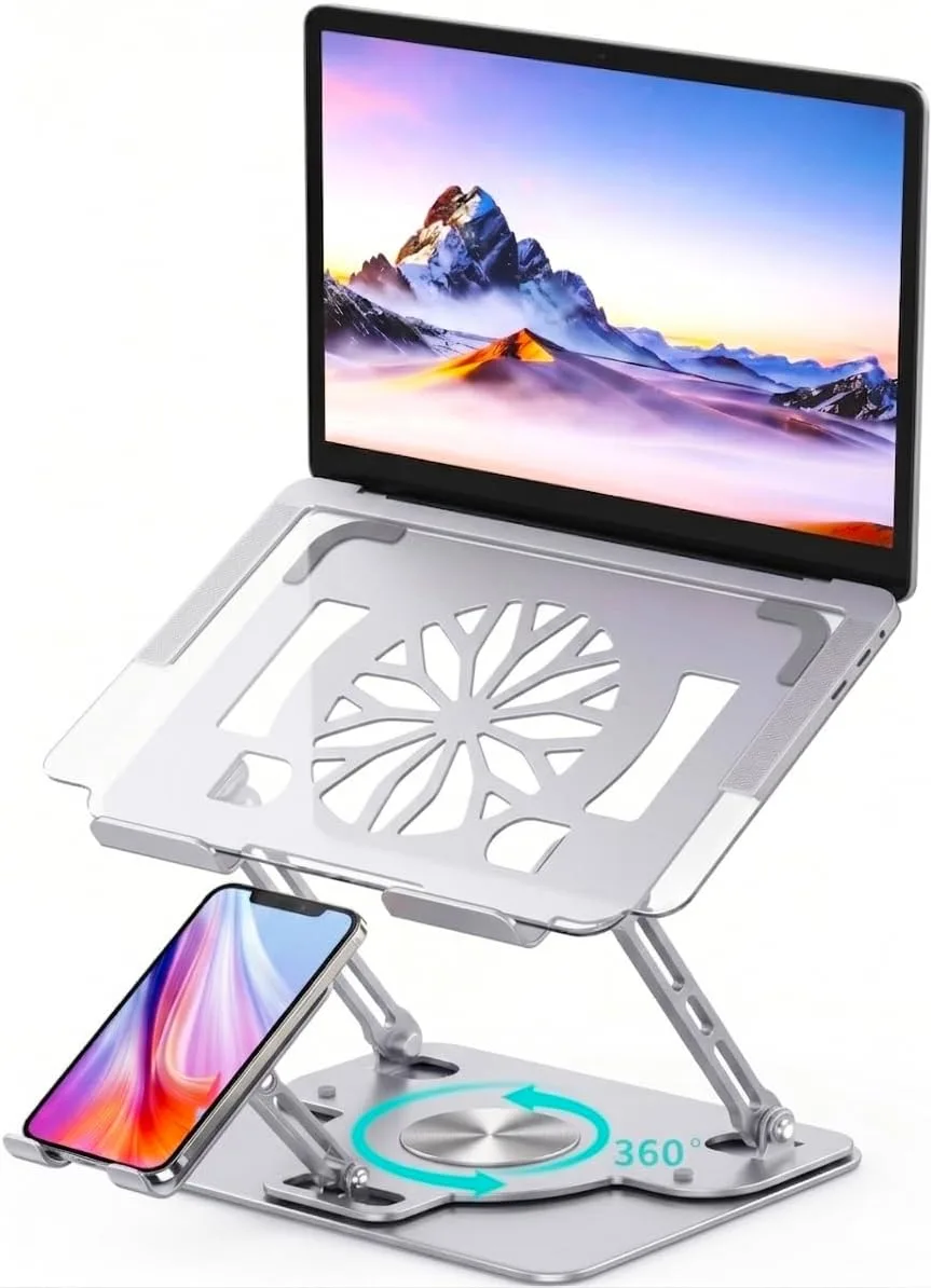 Base para laptop Attoe ajustable 360° con soporte para celular desmontable plateada para laptops de 12.9 a 18 pulgadas