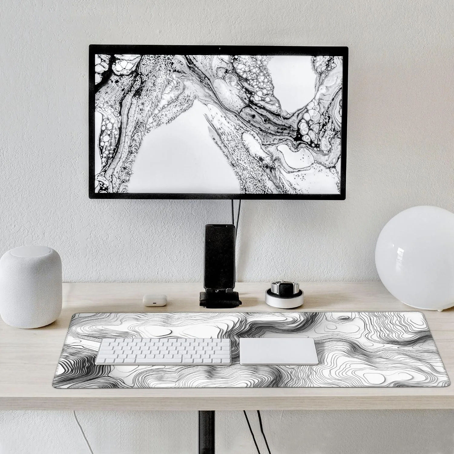 White Topographic Mouse Pad, XXL Extended Gaming Desk Mat, Non-Slip Rubber Base, Stitched Edges, 35.4" x 15.7"