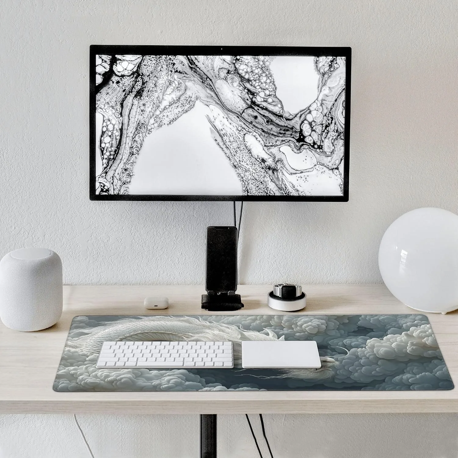 Large Chinese Dragon Mouse Pad, Non-Slip Natural Rubber Desk Mat with Stitched Edges, White and Gray, 35.4 x 15.7 Inches, Gaming