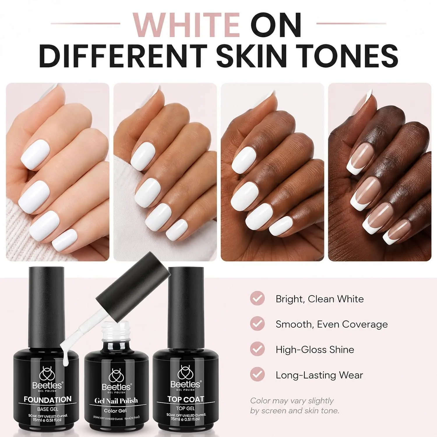 Beetles 3Pcs 15 ml White Gel Nail Polish with Gel Base and Top Coat Set