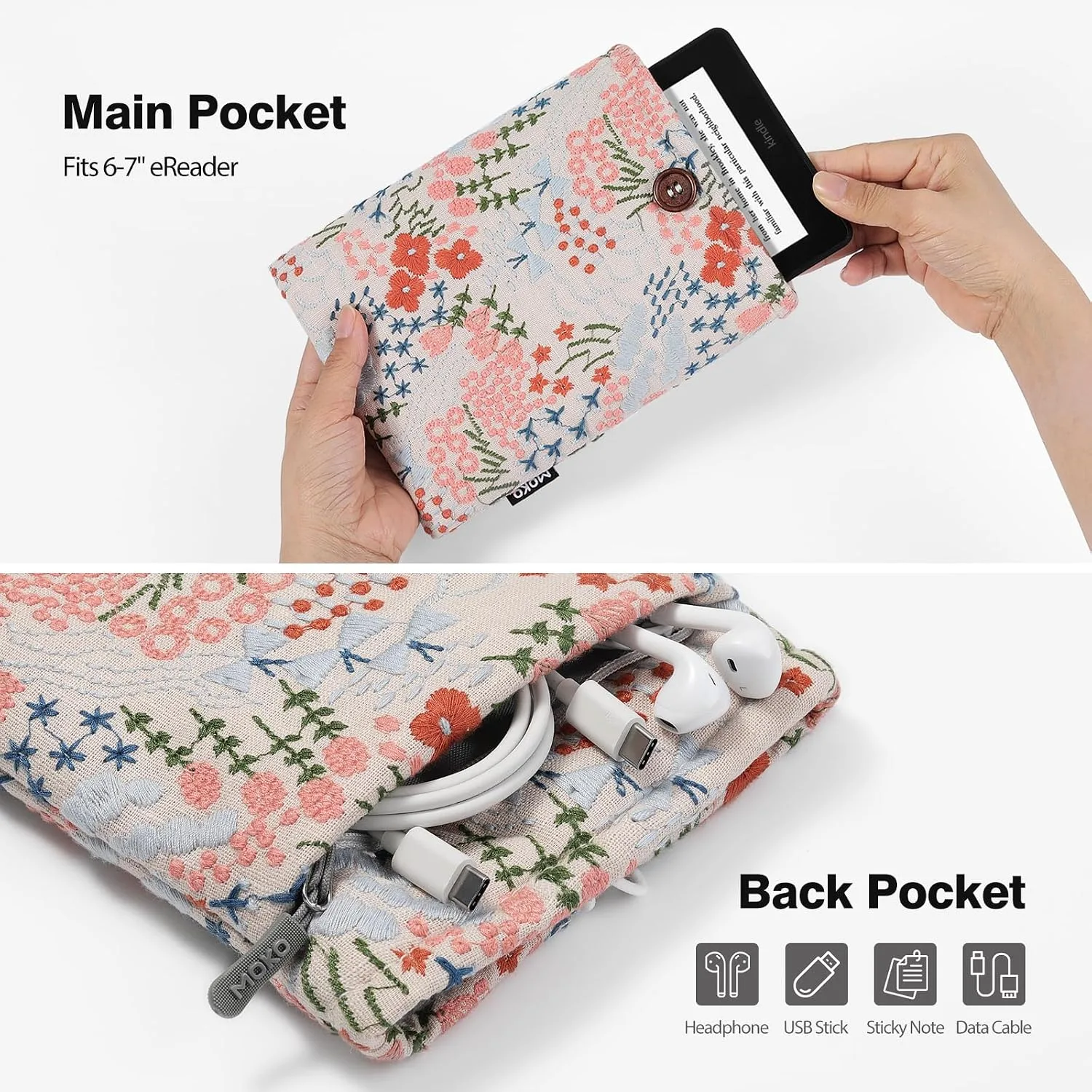 MoKo 6-7 Inch Embroidered Daisy Padded E-Reader Sleeve Zippered Bag with Back Pouch for Most 6/6.8/7 inch E-Reader, 6" Nook Glowligt 4, 6" Kobo Clara BW/Clara Colour, Beige Floral