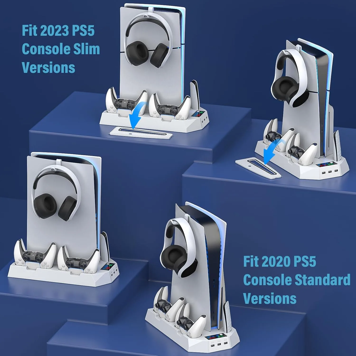 PS5 Slim Stand and Cooling Station with Controller Charging Station for Playsation 5 Slim&Standard Disc/Digital Console, PS5 Accessories Incl. Controller Charger/Turbo Fan/3 USB Hub/Headset Holder