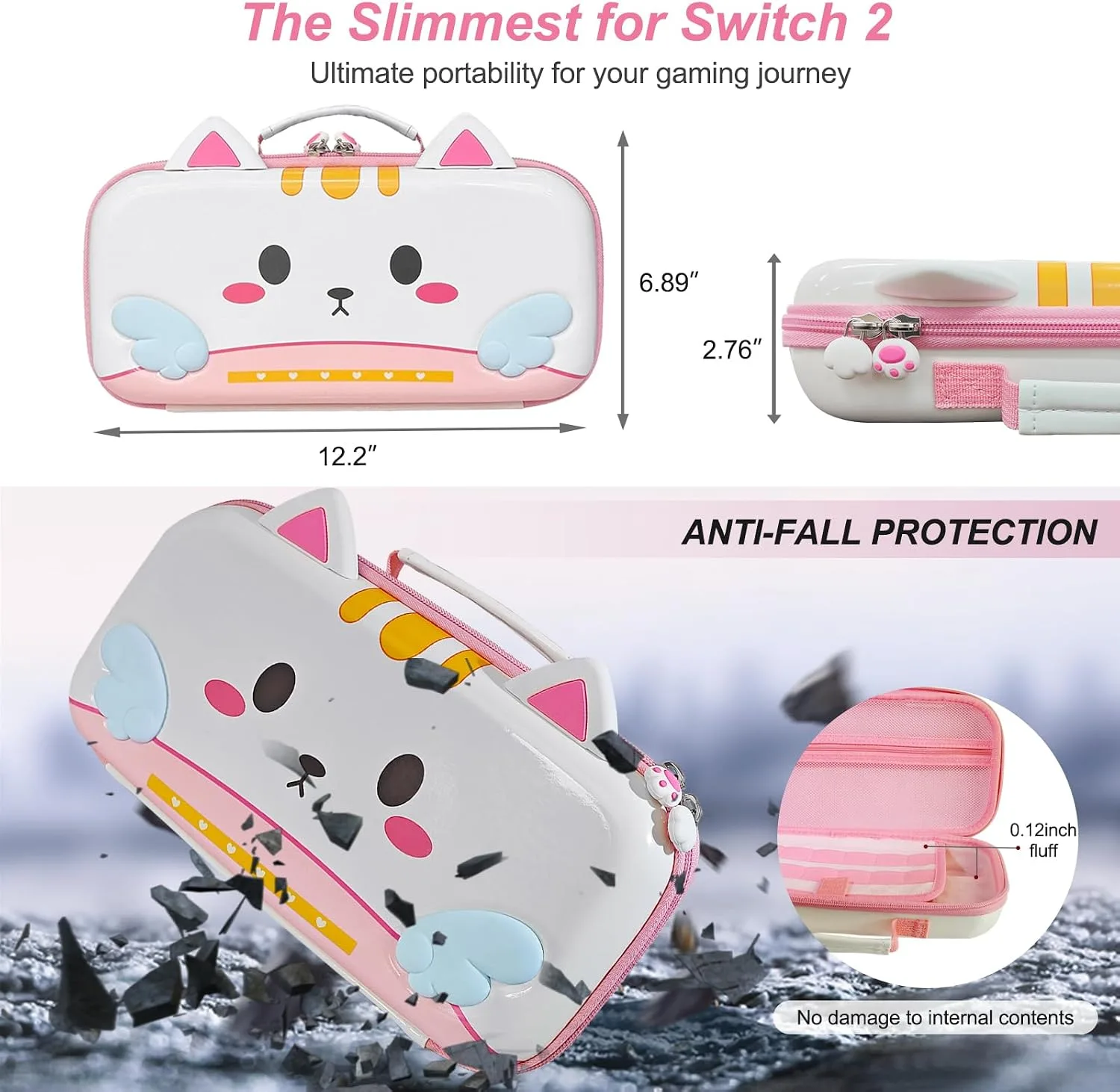 Carrying Case for Nintendo Switch 2, Cute Cat Design with Handle for Switch 2 2025 Travel Cases with Pink Silicone j-con Covers, Kawaii Thumb Grip Caps, Screen Protector for Girls Women Teens