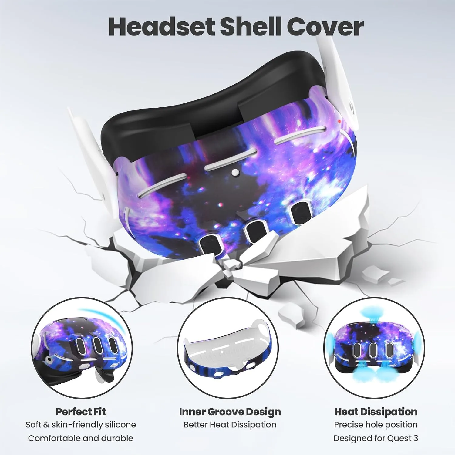 Compatible with Meta Quest 3 Accessories, VR Silicone Face Cover, VR Shell Cover,Touch Controller Grip Cover,Camera Lens Protector Set Compatible with Oculus Quest 3 (Starry Purple)