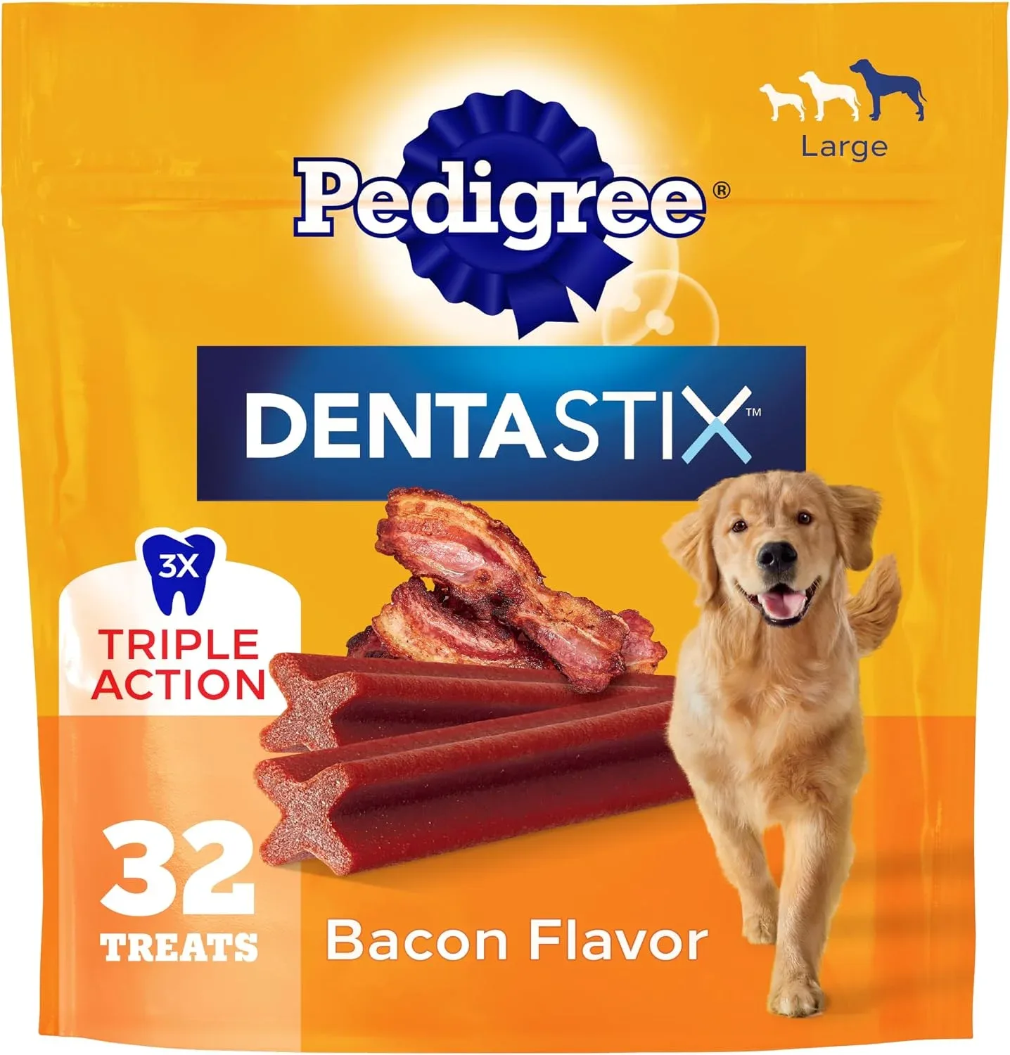 Pedigree Dentastix Large Breed Dental Dog Treats, Bacon Flavor, 32 Count