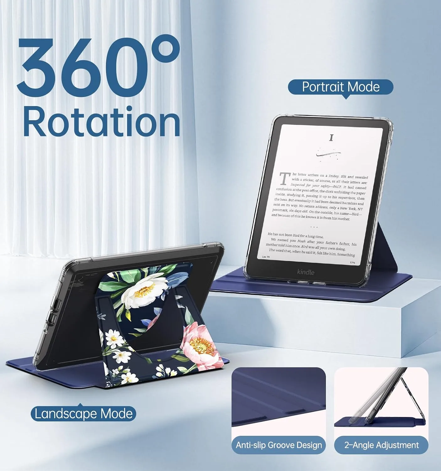 MoKo 360°Rotating Detachable Case for 7" eBook Reader, Peony on Blue