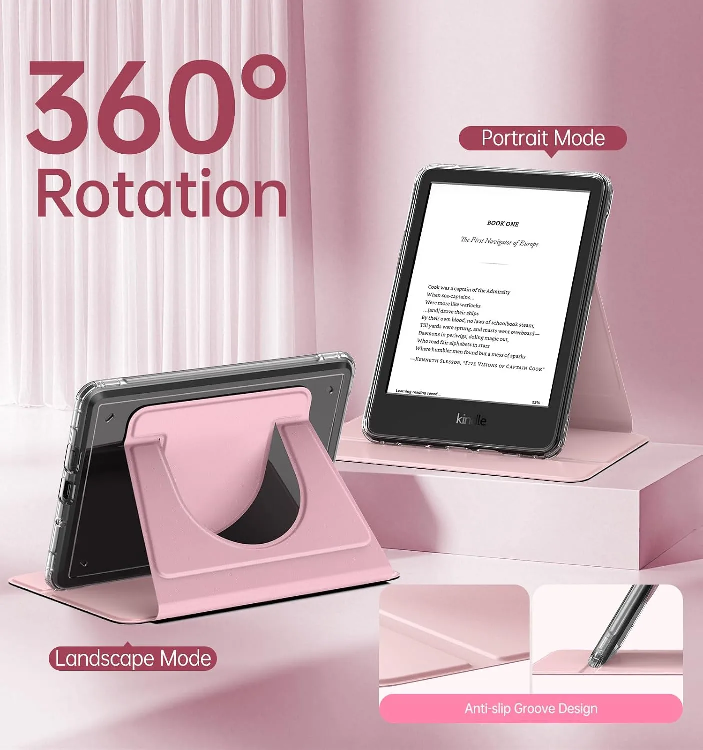 MoKo 360°Rotating Case for 6" Kindle Basic 11th Generation 2024/2022, Pink