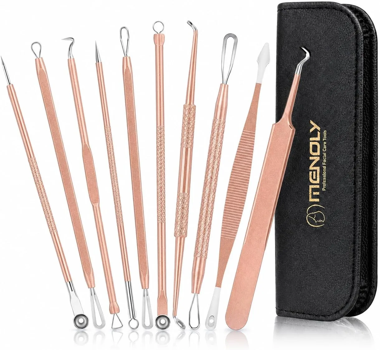 Kit de herramientas para eliminar puntos negros Menoly 10 piezas con estuche de cuero color dorado rosa