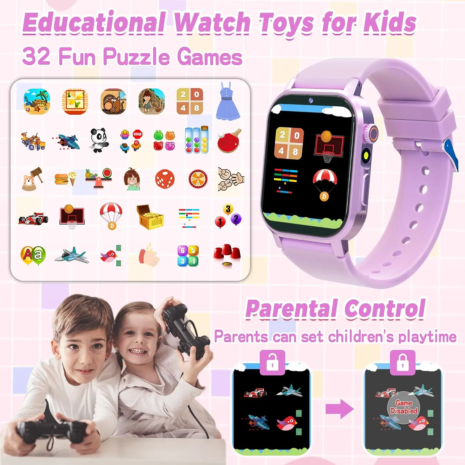 Phyulls Kids Smart Watches Girls with 32 Puzzle Games, HD Camera, Pedometer