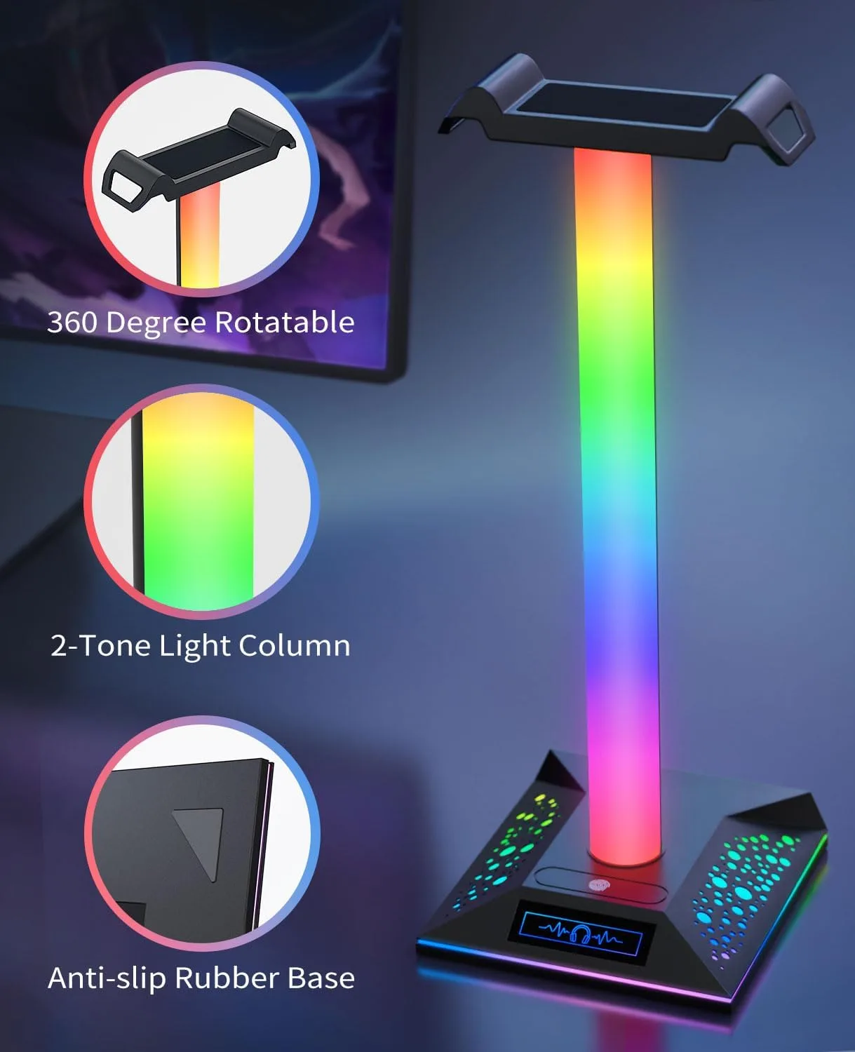 RGB Gaming Headset Stand, LED Headset Holder with 10 Lighting Modes, Headphone Stand Cool Stuff for Boys, Desk PC Gaming Accessories Gifts for Gamers Men Adult, Medium