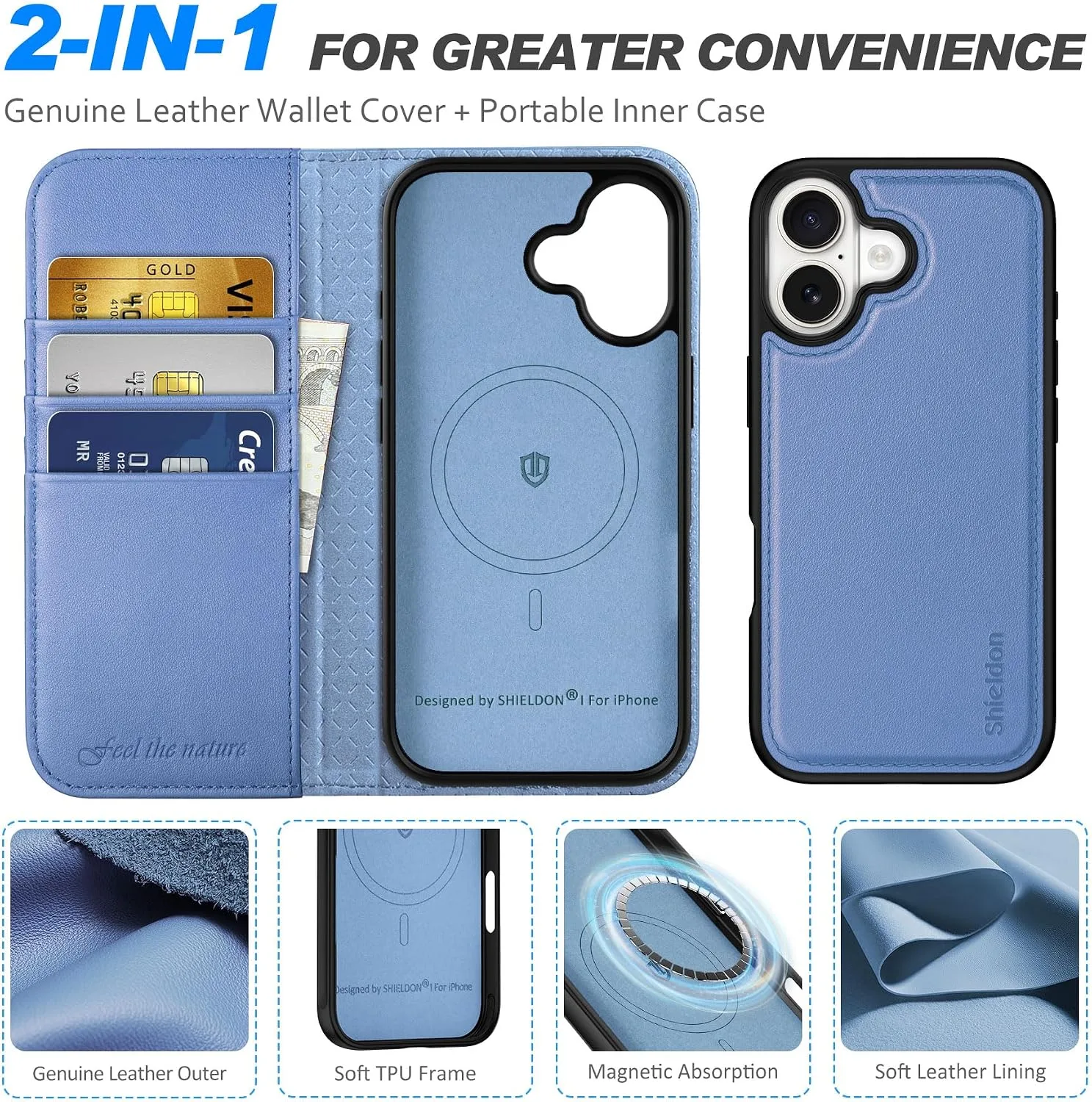 SHIELDON 2 in 1 Genuine Leather Wallet Case for iPhone 17, Wisteria Purple
