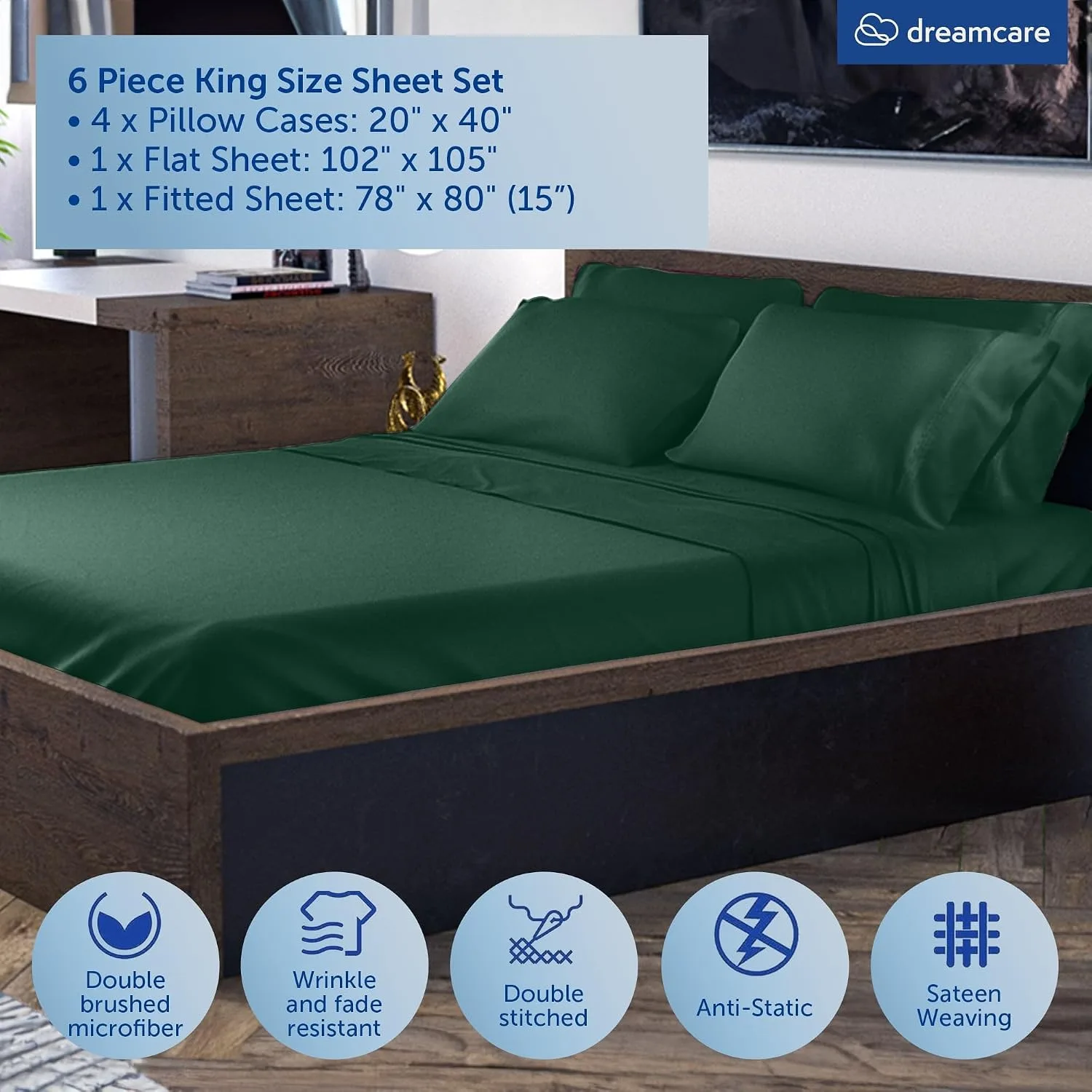 DREAMCARE King Size Sheets Set - 6 pcs Breathable Cooling Sheets King Size