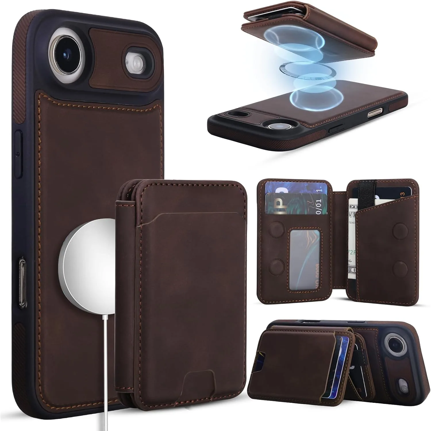 Magnetic Detachable Wallet Case for iPhone 17 Air with Kickstand,2-in-1 MagSafe Compatible RFID Blocking Card Holder,Slim PU Leather Cover Vintage Brown