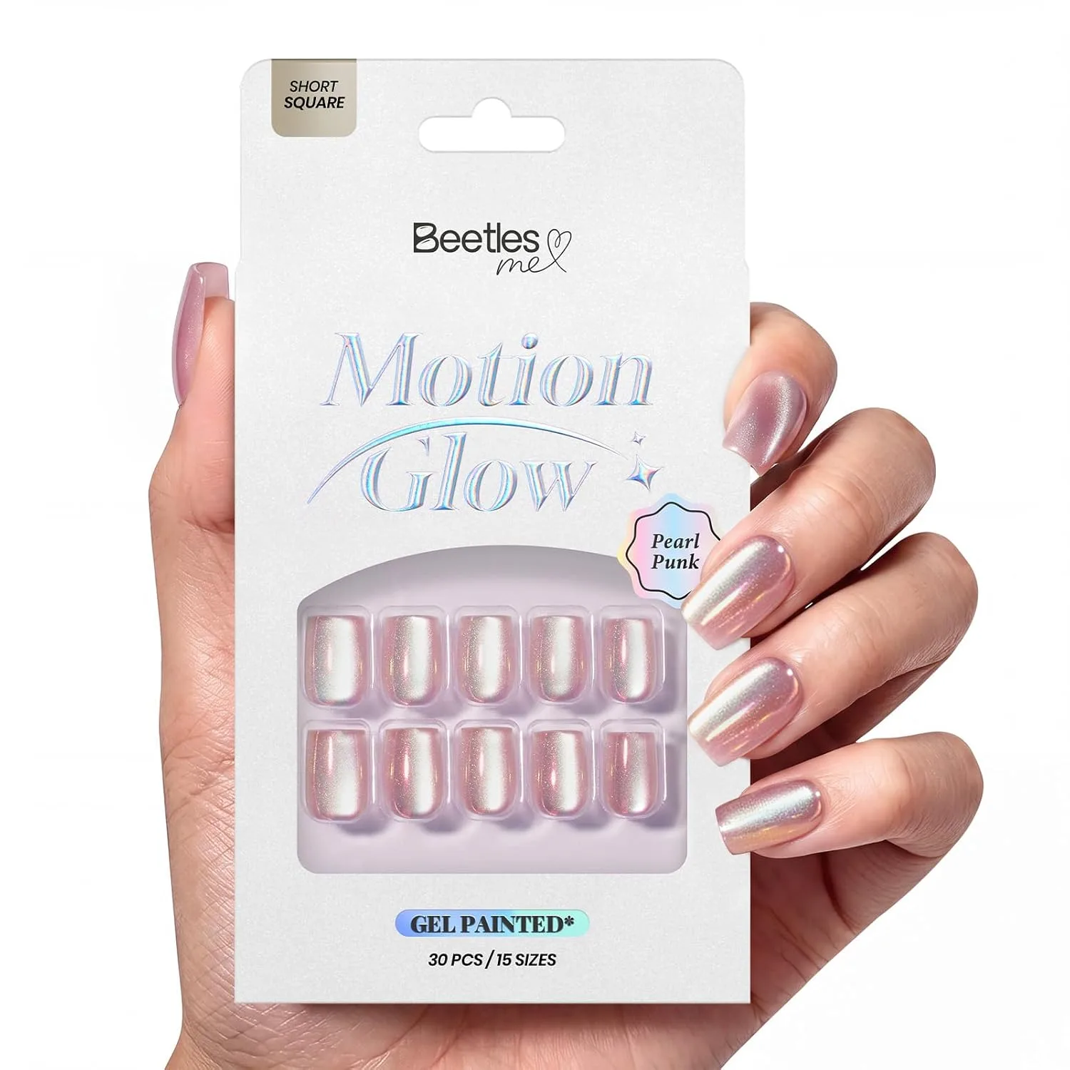 Beetles Pearl Chrome Press On Nails, Purple Cat Eye Short Square, 30 PCS