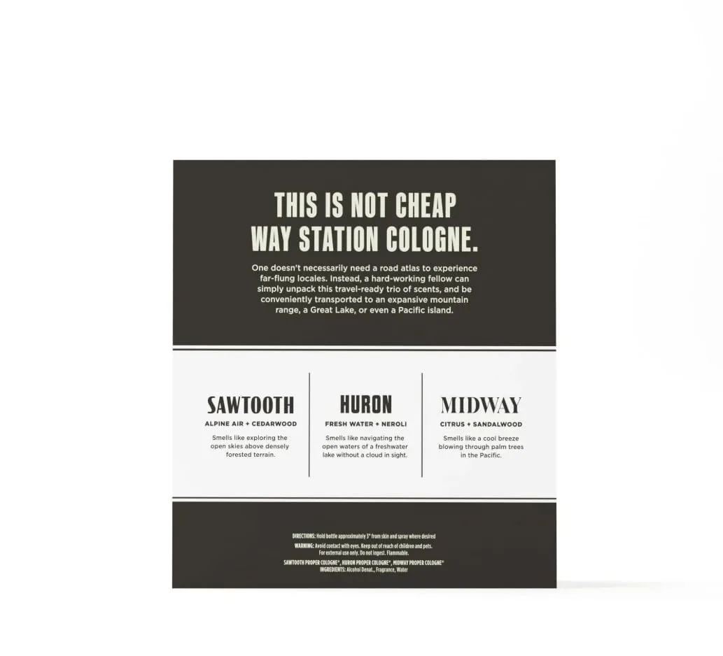 Duke Cannon Supply Co. Proper Cologne Sampler Scent Map - (3 Pack) 0.3 fl oz - Eau de Parfum Cologne for Men - Sawtooth, Huron + Midway Scents - Classic, Masculine Fragrances
