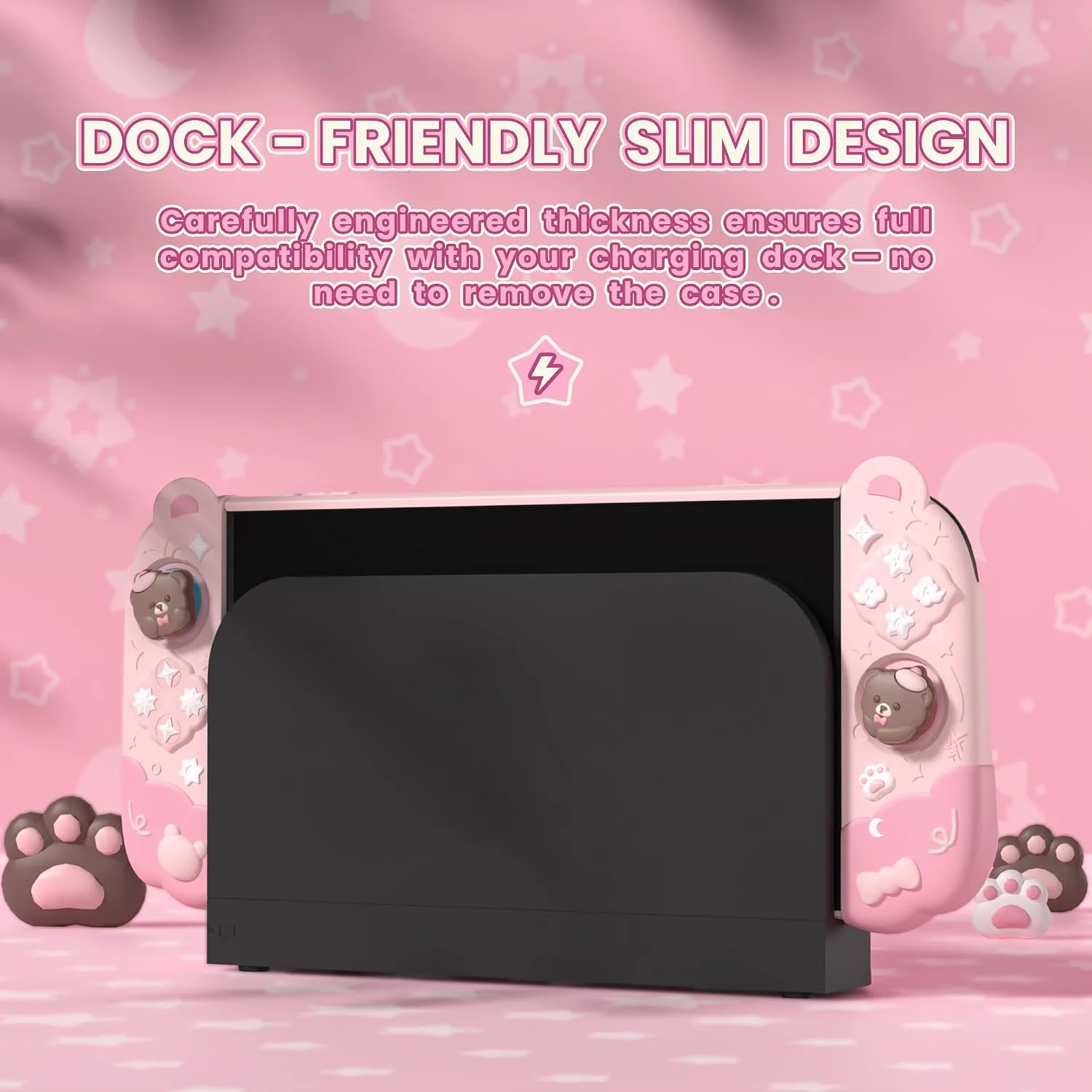 PlayVital Good Night Bear Dockable Case for Nintendo Switch 2 with Stand | Split Design Silicone Joycon Grips, PC Console Hard Shell, 2 Joystick Caps | Cute Protective Cover Bundle – Pink
