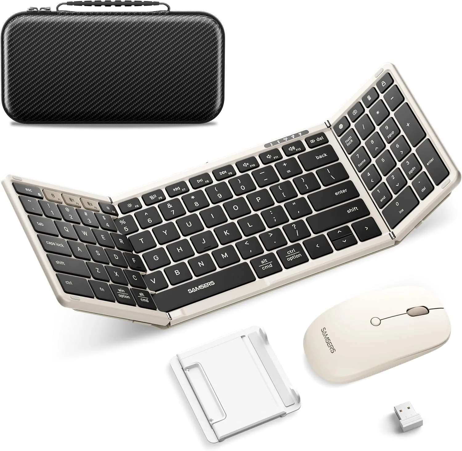 Foldable Keyboard and Mouse, Samsers Folding Bluetooth Keyboard Combo, 2.4G + BT5.0 x 2, Full-Size Portable Travel Keyboard & Rechargeable Wireless Mouse for Windows Android iOS Mac OS, Starlight