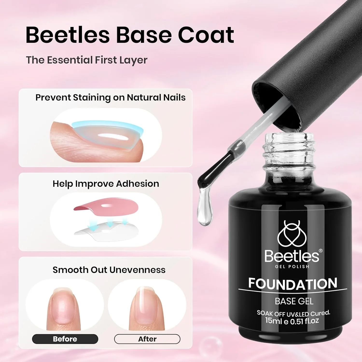 Beetles 3Pcs 15 ml Pink Gel Nail Polish and Gel Top & Base Coat Set