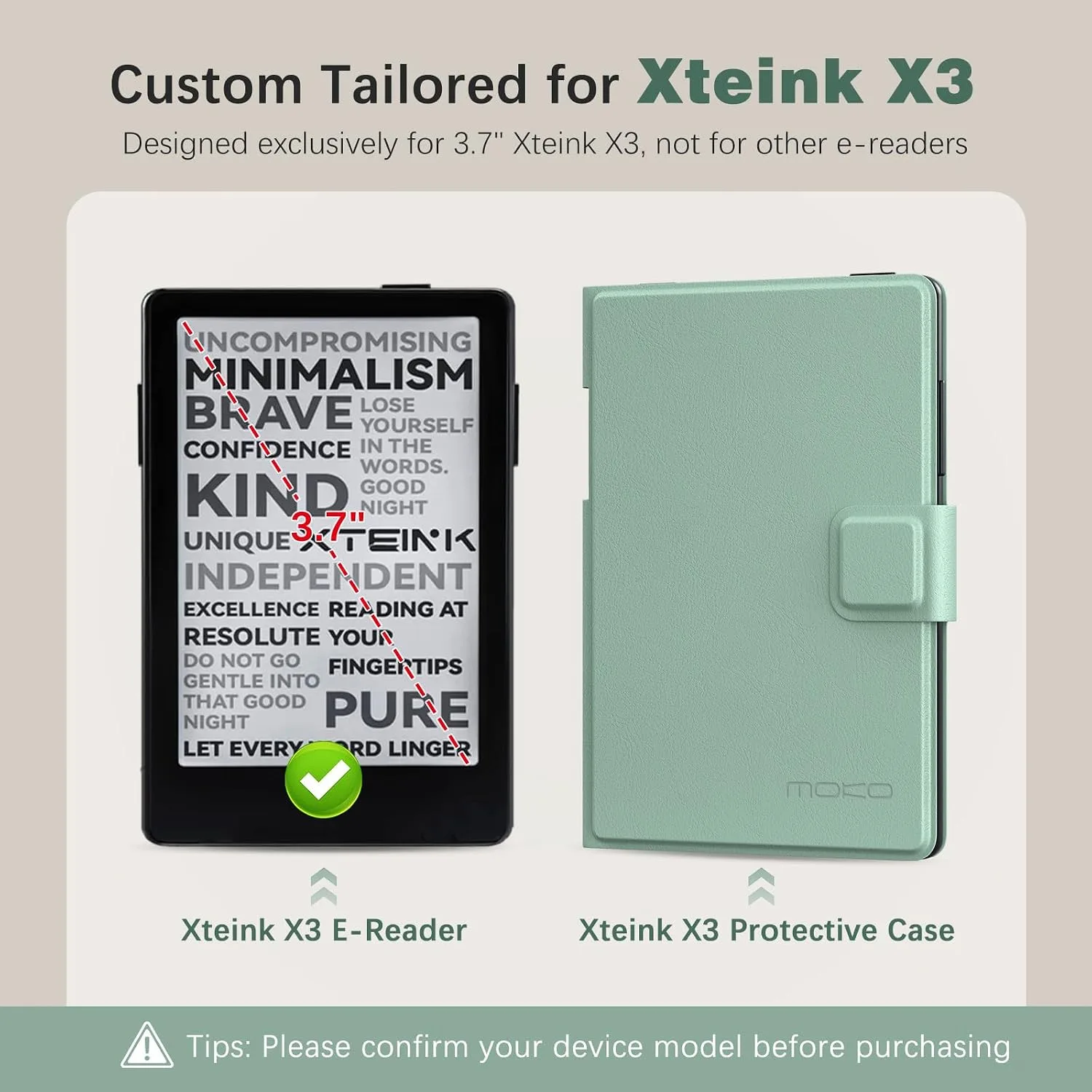 MoKo Magnetic Slim Folio Case for 3.7" XTEINK X3 eReader 2026, Agave Green