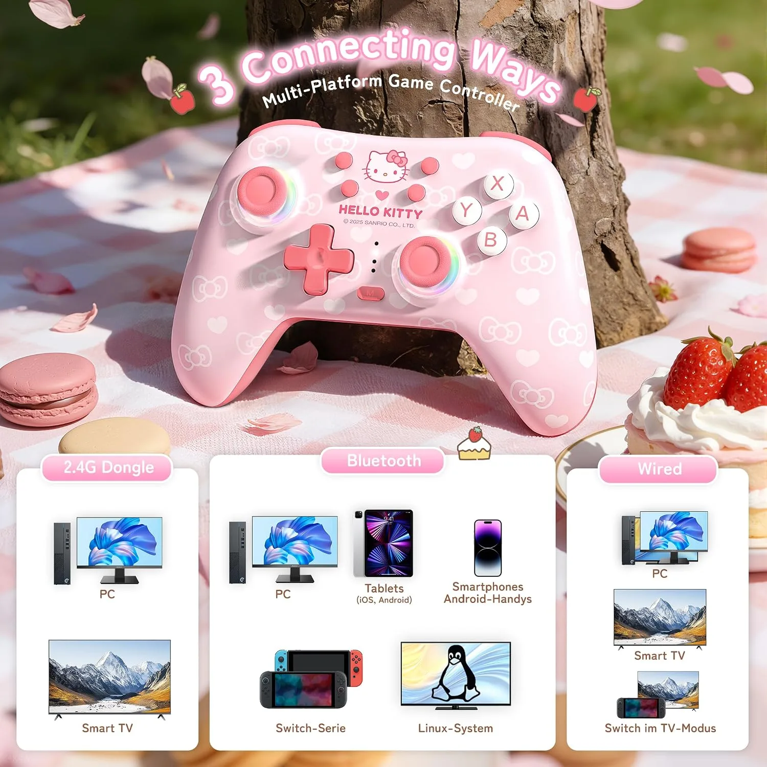 Kuitmor Hello Kitty Switch Pro Controller, Cute Hall Effect Wireless Gamepad No Drift for Switch 2/Switch/OLED/Lite, PC/Steam, Android, iOS, Bluetooth + Wired, Turbo, Back Buttons,6-Aixs Gyro, Wake-up, RGB (Pink, Without 2.4g Receiver)