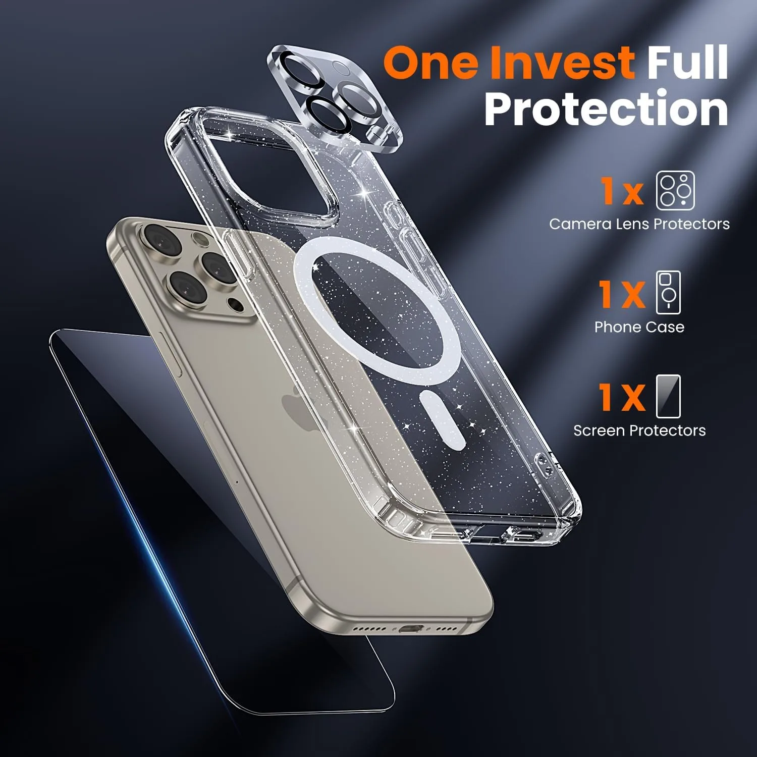toushion 3 in 1 for iPhone 15 Pro Case Clear Glitter