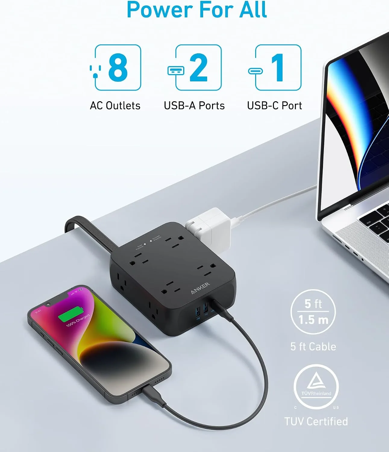 Anker Power Strip with 2000J Surge Protector, Outlet Extender, 20W, 8AC