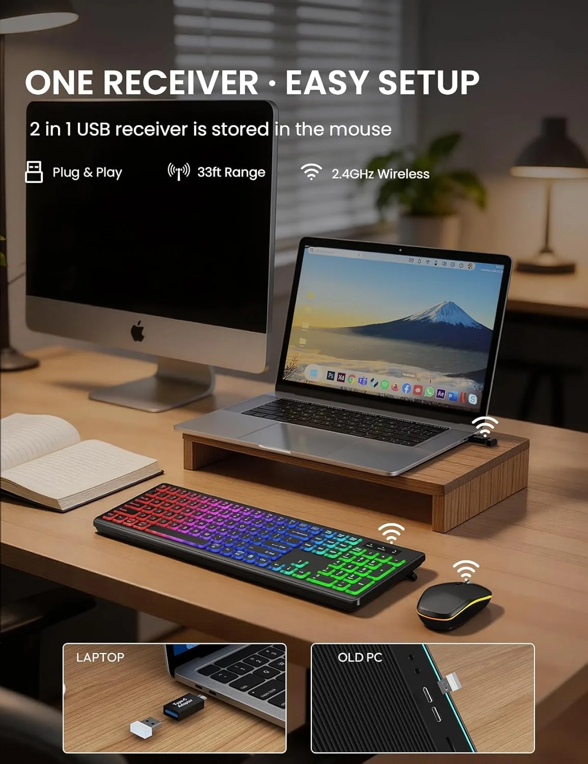 Wireless Keyboard and Mouse Combo with RGB Backlit, Rechargeable