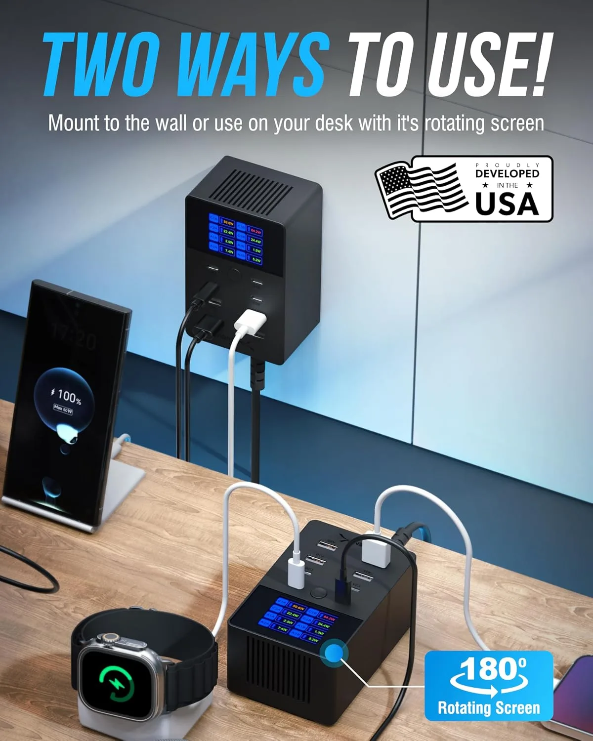 SABRENT VOLTIK Charging Station, 252W 8-Port USB C and USB A, LCD Display