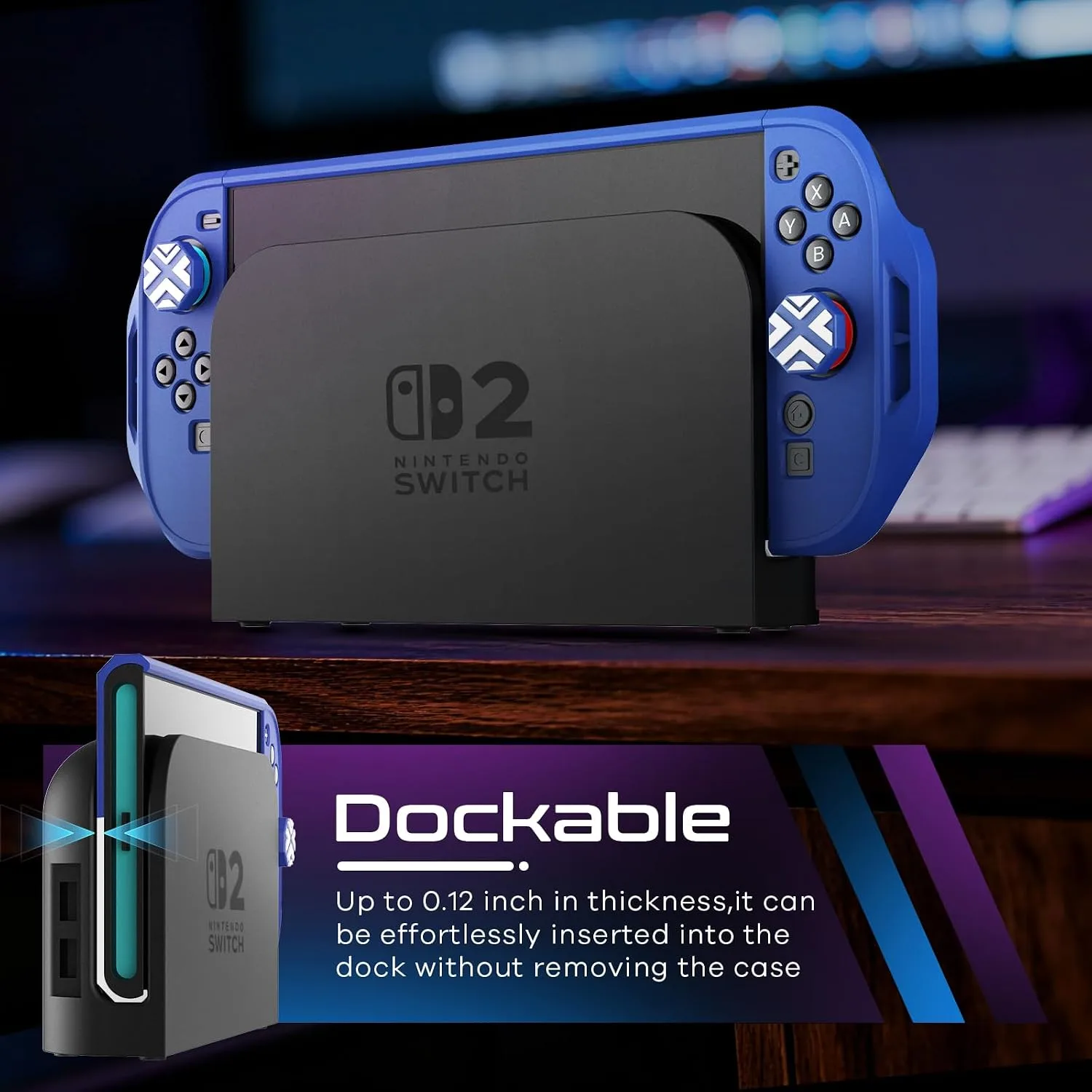 Toladoshop Dockable for Switch 2 Grip Case (2025) Accessories, Armor Slim Military-Grade Protection for Detachable 3PCS Design Joncon Holder with Screen Protectors and Joystick caps, Blue