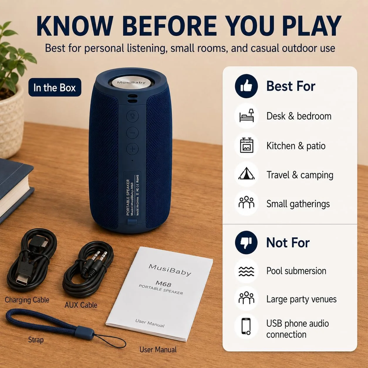 Musibaby M68 Bluetooth Speaker, 12W, IPX5, 24H Playtime, Dark Blue