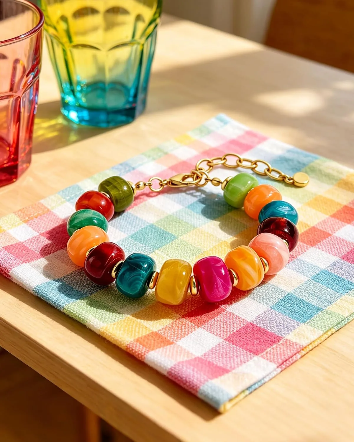 Colorful Beaded Bracelet for Women Chunky Colorful Resin Stone Beads Bracelet Bohemian Style Multicolor Bracelets Trendy Fall Autumn Outfits Jewelry Accessories