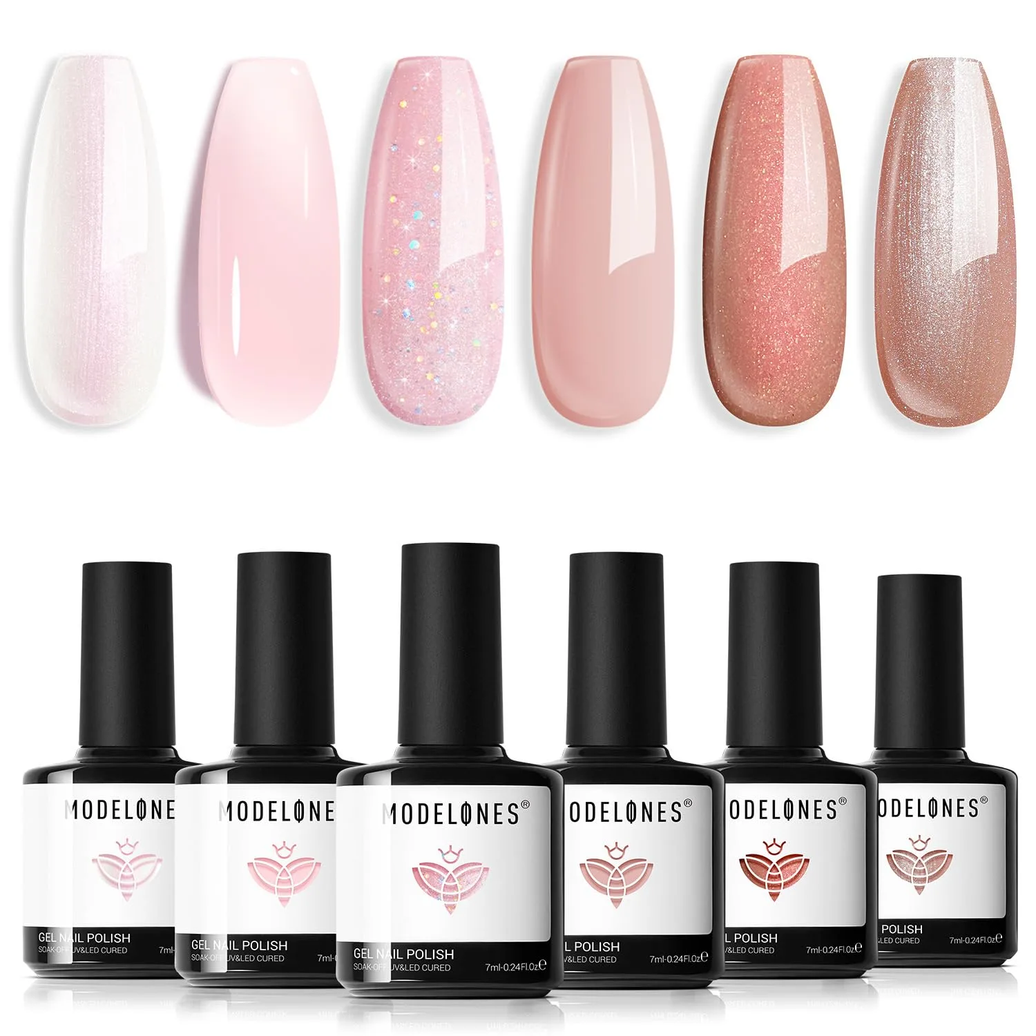 modelones Gel Nail Polish Set Glitter Nude 6Colors Pink White Shimmer