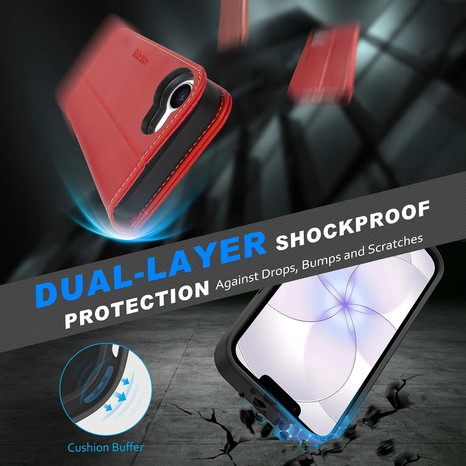 SHIELDON 2 in 1 Genuine Leather Wallet Case for iPhone 17e 6.1", Retro Red