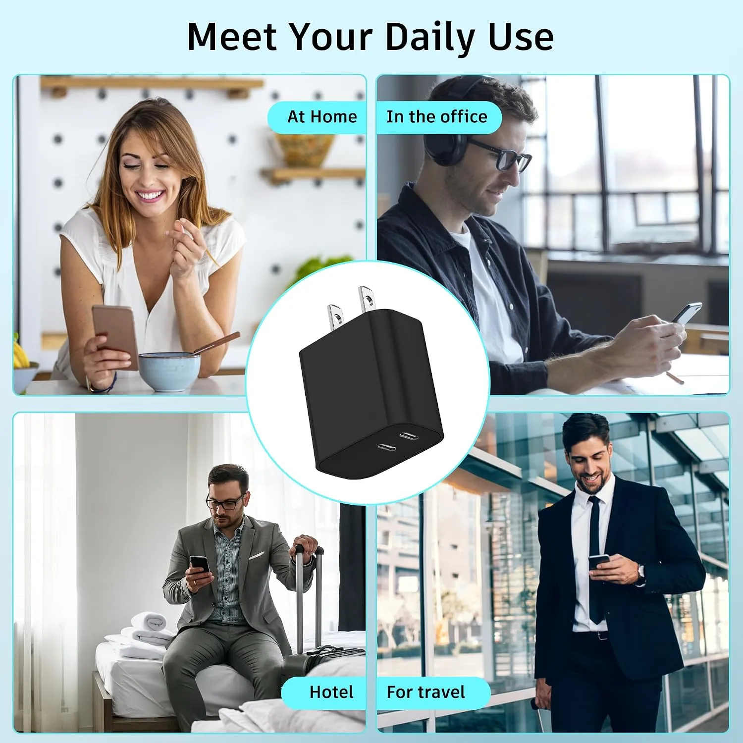 USB C Charger Block 3 Pack, Dual Port 20W Fast Wall Plug (Black)