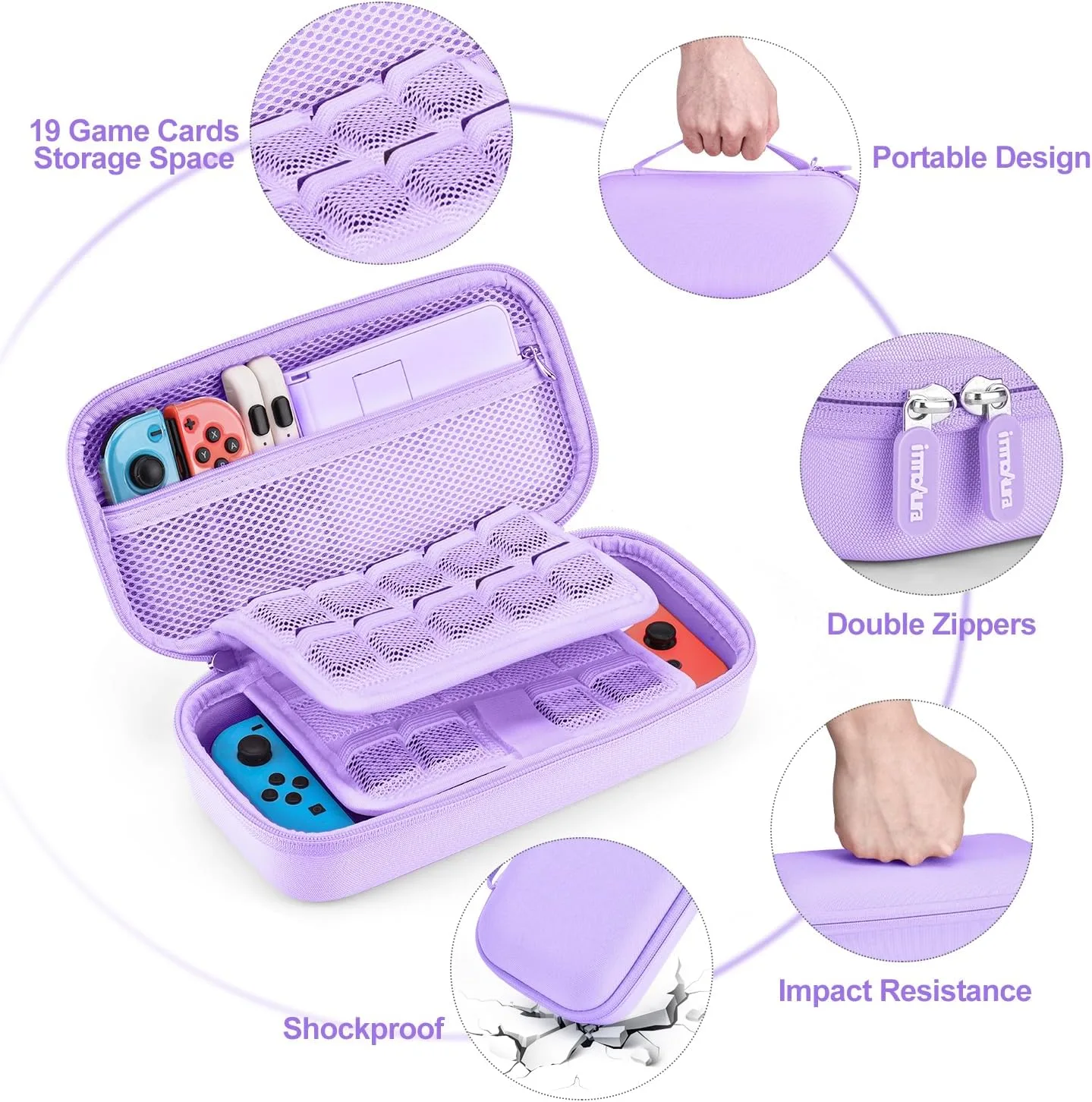 innoAura Switch Case 19-in-1 Bundle for NS Switch (2017), with Carrying Case, Game Organizer, Screen Protector, Stand and Thumb Grips, Purple