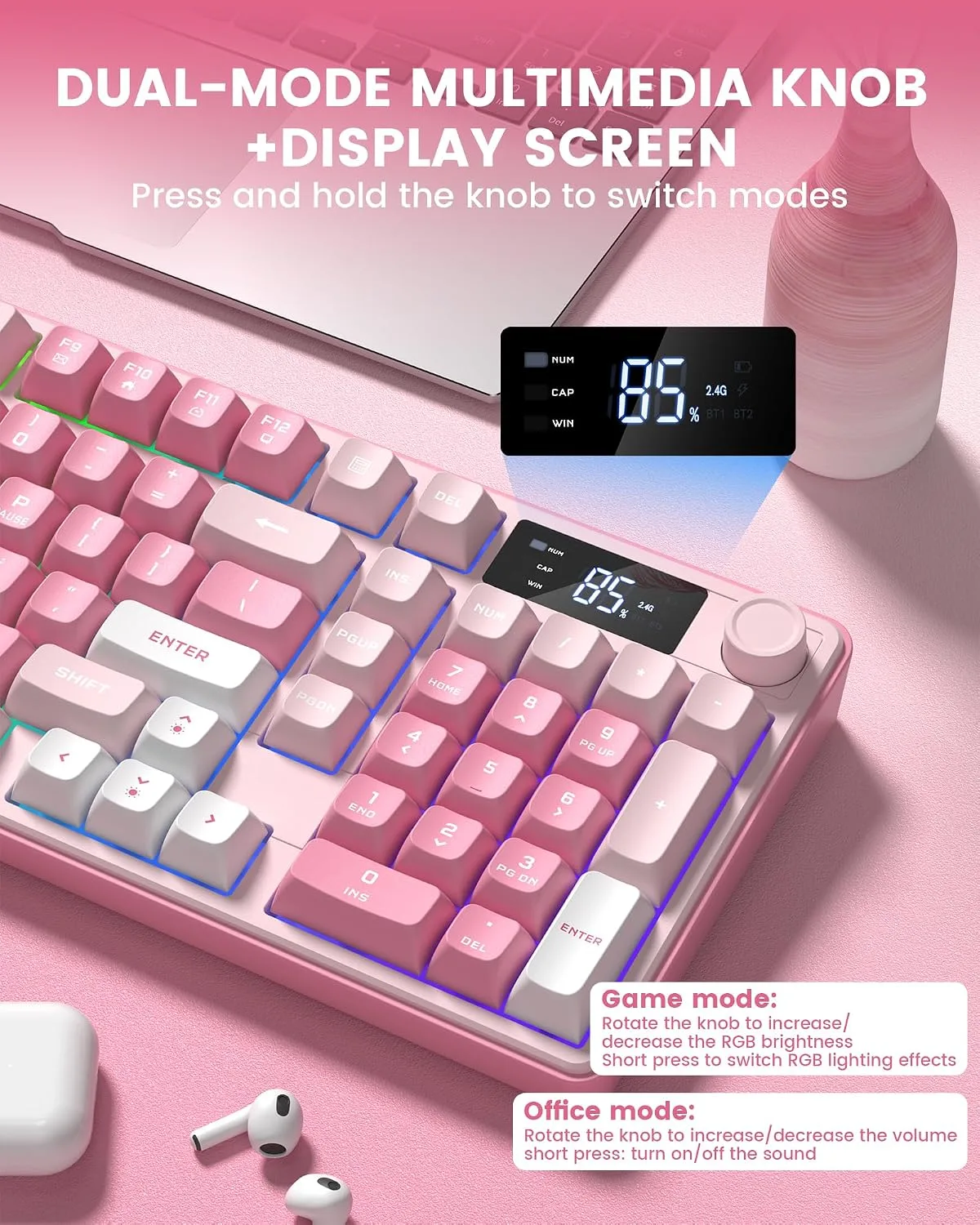 Keymatic Gaming Keyboard Wireless Creamy Keyboard with Media Knob & Screen Cute Keyboard Mechanical Feeling Membrane Keyboard with Number Pad RGB Backlit Tri-Mode BT/2.4GHz/USB-C - Pink